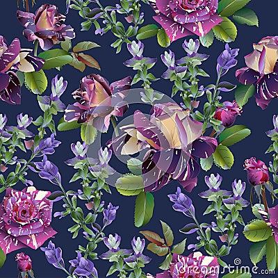 Abracadabra roses. Vector seamless floral pattern with retro flowers on a blue background, vector illustration. Vector Illustration